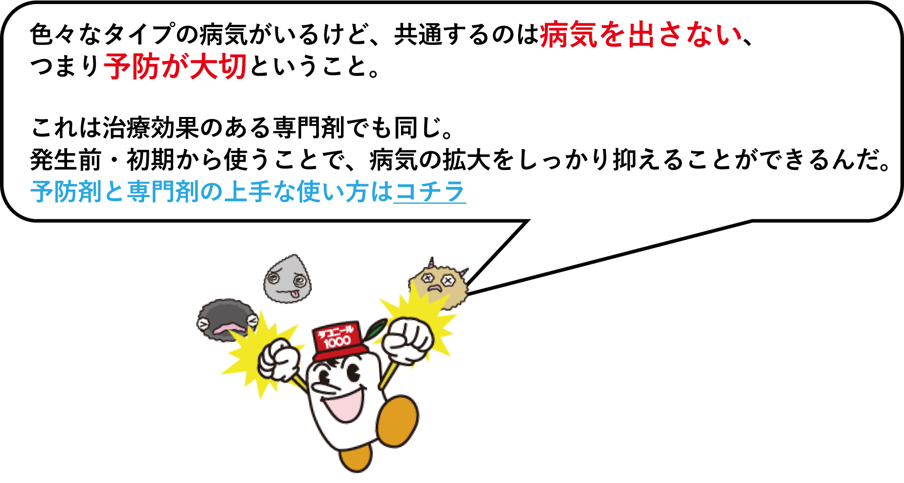 色々なタイプの病気がいるけど、共通するのは病気を出さない、つまり予防が大切ということ。これは治療効果のある専門剤でも同じ。発生前・初期から使うことで、病気の拡大をしっかり抑えることができるんだ。予防剤と専門剤の上手な使い方はコチラ